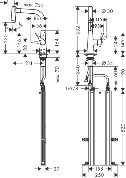 Hansgrohe Metris baterie bucătărie pe picior crom 73800000