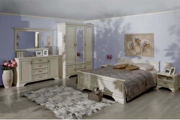 Mobilier dormitor alb IDENTO, cu pat 160x200, dulap cu 5 usi si 2 sert