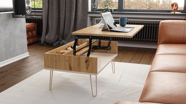 Mazzoni HAIRPIN S-90 Stejar Artisan/Bej (Șampanie) - MASĂ DE CAFEA MODERNĂ MASĂ CU BLAT RIDICAT + COMPARTIMENT + RAFT