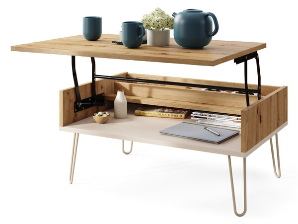 Mazzoni HAIRPIN S-90 Stejar Artisan/Bej (Șampanie) - MASĂ DE CAFEA MODERNĂ MASĂ CU BLAT RIDICAT + COMPARTIMENT + RAFT