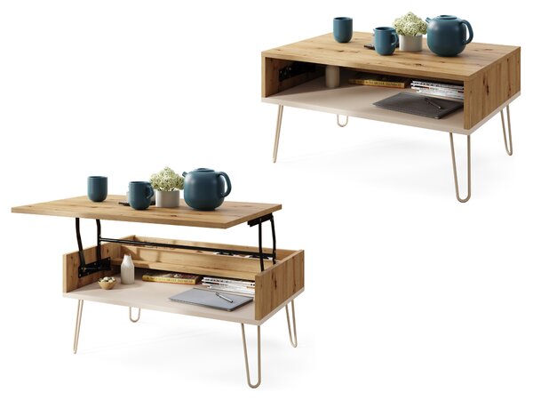 Mazzoni HAIRPIN S-90 Stejar Artisan/Bej (Șampanie) - MASĂ DE CAFEA MODERNĂ MASĂ CU BLAT RIDICAT + COMPARTIMENT + RAFT