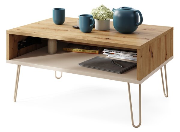 Mazzoni HAIRPIN S-90 Stejar Artisan/Bej (Șampanie) - MASĂ DE CAFEA MODERNĂ MASĂ CU BLAT RIDICAT + COMPARTIMENT + RAFT