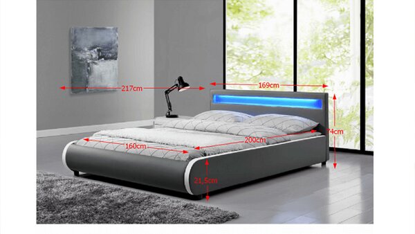 KONDELA Pat matrimonial cu RGB LED iluminare, gri, 160x200, DULCEA
