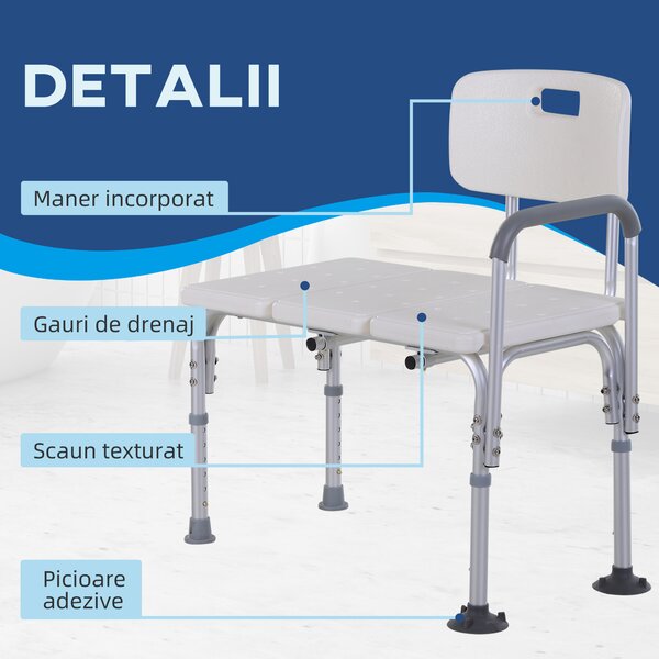 Scaun de Baie HOMCOM Antialunecare, pentru Dus, Înălțime Ajustabilă, cu Cotiere și Picioare de Siguranță, 68.5x40.5cm | Aosom Romania