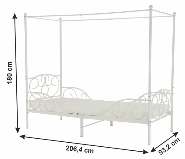 KONDELA Pat metalic cu baldachin, alb, 90x200, ADELISA