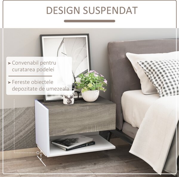 HOMCOM Set 2 Noptiere Suspendate, Dulapuri de Dormitor cu Design Modern, Spațiu de Depozitare, 35x32x22.5cm, Stejar și Negru | Aosom Romania