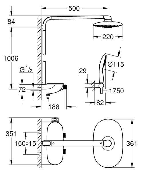 Grohe Rainshower set de duș perete cu termostat cu duș de ploaie StarLight Chrome 26361000