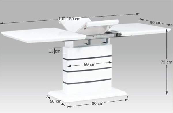 KONDELA Masă extensibilă de bucătărie, alb strălucitor HG, 140-180x90 cm, MEDAN