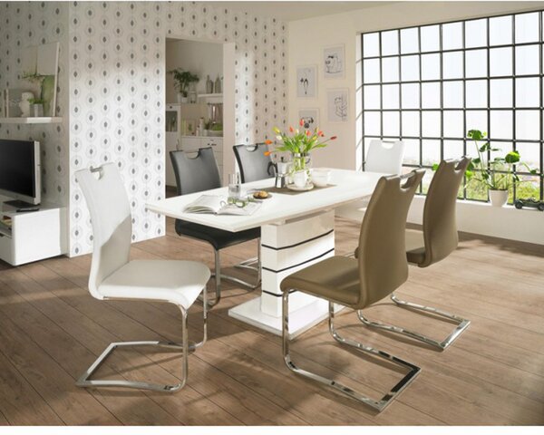 KONDELA Masă extensibilă de bucătărie, alb strălucitor HG, 140-180x90 cm, MEDAN