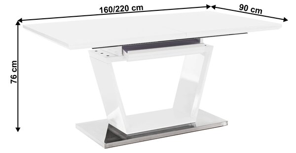 KONDELA Masă dining, pliabilă, alb luciu extra ridicat / oţel, 160-220x90 cm, PERAK