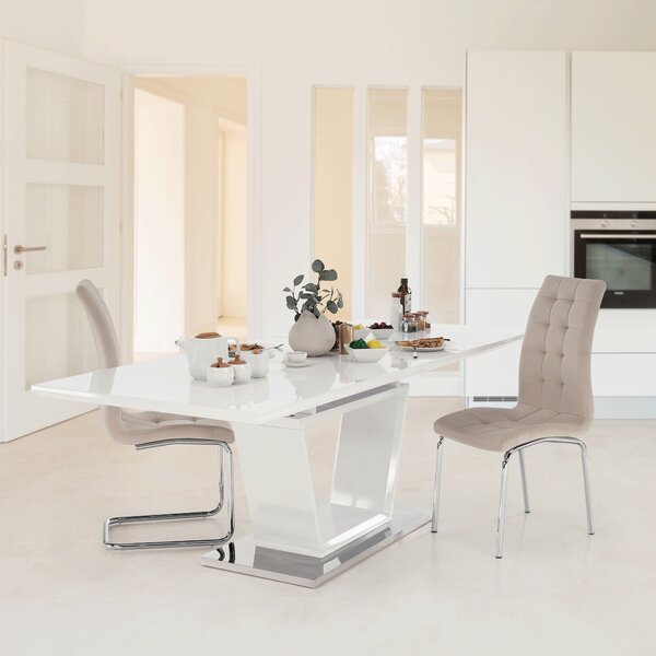 KONDELA Masă dining, pliabilă, alb luciu extra ridicat / oţel, 160-220x90 cm, PERAK