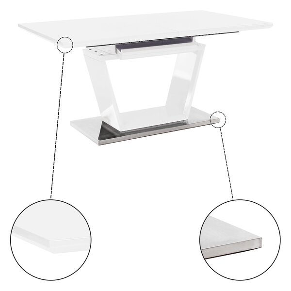 KONDELA Masă dining, pliabilă, alb luciu extra ridicat / oţel, 160-220x90 cm, PERAK