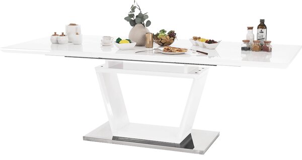 KONDELA Masă dining, pliabilă, alb luciu extra ridicat / oţel, 160-220x90 cm, PERAK