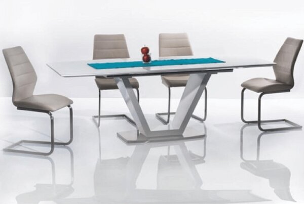 KONDELA Masă dining, pliabilă, alb luciu extra ridicat / oţel, 160-220x90 cm, PERAK