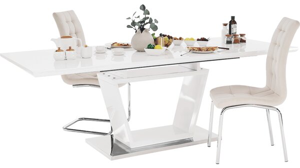 KONDELA Masă dining, pliabilă, alb luciu extra ridicat / oţel, 160-220x90 cm, PERAK