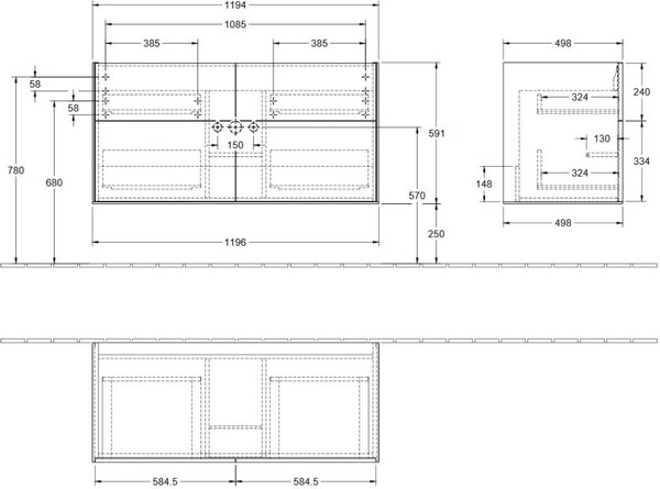 Villeroy & Boch Finion dulap 119.6x49.8x59.1 cm sub chiuveta pe perete alb F05000GF
