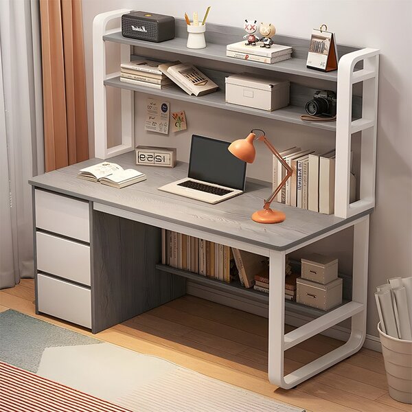 Birou cu Biblioteca Pako World, model Soco, 120x144x50 cm, Gri/Alb