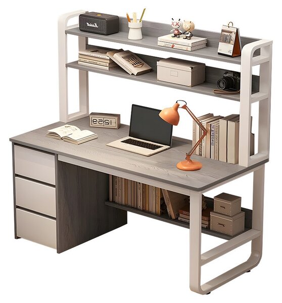 Birou cu Biblioteca Pako World, model Soco, 120x144x50 cm, Gri/Alb
