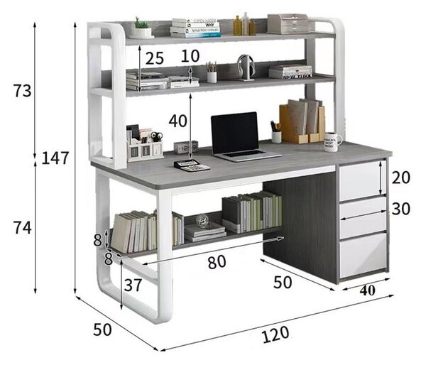 Birou cu Biblioteca Pako World, model Soco, 120x144x50 cm, Gri/Alb