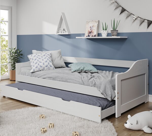 KONDELA Pat cu pat suplimentar extensibil, alb, lemn masiv, 90x200, LAURA NEW