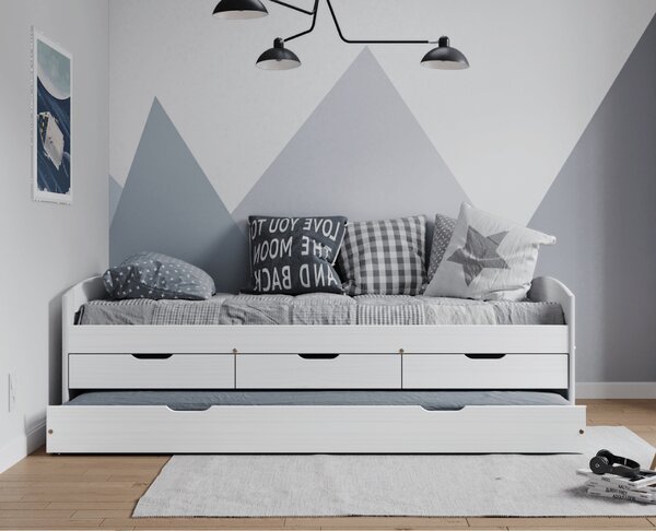 KONDELA Pat cu pat suplimentar extensibil, alb, lemn masiv, 90x200, MARINELLA NEW