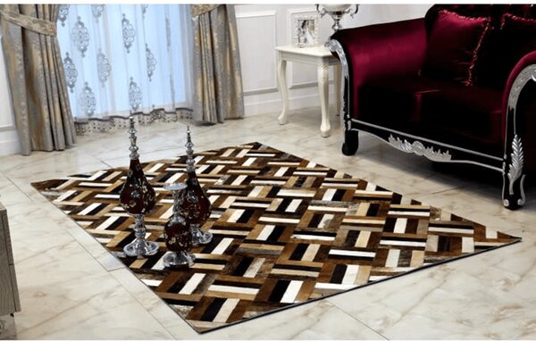 KONDELA Covor de lux din piele, maro/negru/bej, patchwork, 170x240 , KOŽA TYP 2