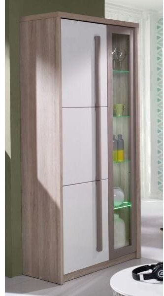 Vitrina living moderna ROMA 2, stejar Ferrara/alb lucios/gri mat, PAL/