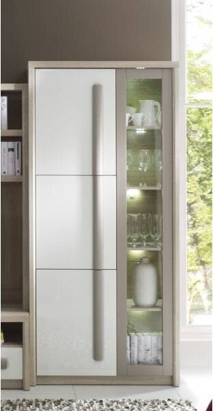 Vitrina living moderna ROMA 2, stejar Ferrara/alb lucios/gri mat, PAL/
