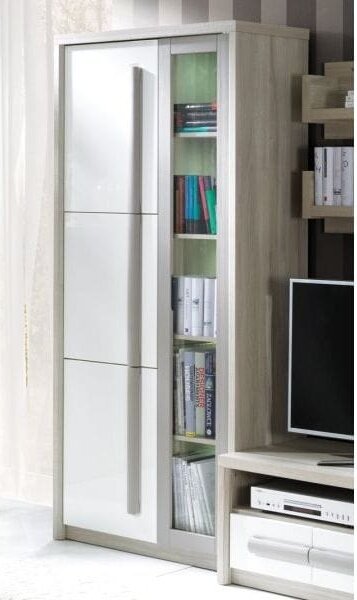 Vitrina living moderna ROMA 2, stejar Ferrara/alb lucios/gri mat, PAL/