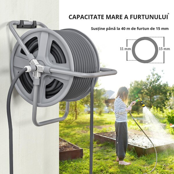 Outsunny Suport pentru Înfășurarea Furtunului de Grădină cu Manivelă, pentru 40m de Furtun, 46x35x46 cm, Gri | Aosom Romania