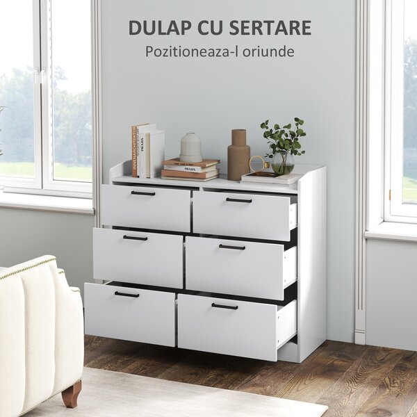 HOMCOM Comodă cu 6 Sertare, Margini Înălțate și Mânere în Formă de U, 110x40x88 cm, Alb | Aosom Romania