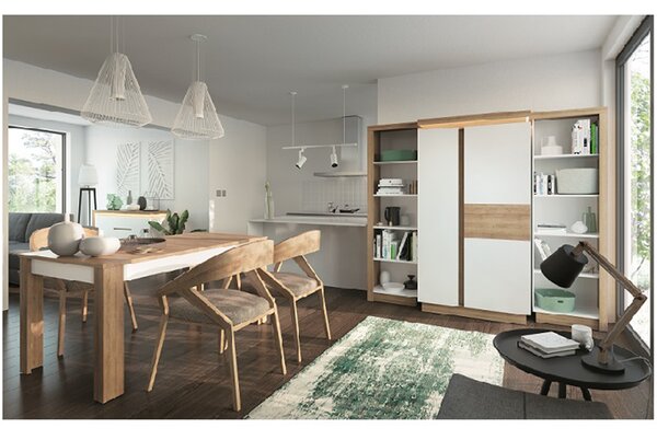 KONDELA Masă dining LYOT03, extensibilă, stejar riviera/alb extra lucios HG, 140-180x85 cm, LEONARDO