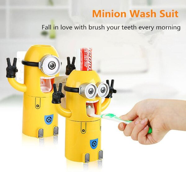 Dozator pasta de dinti cu suport pentru 2 periute, model Minions