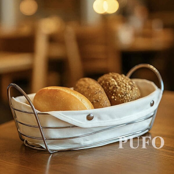 Cos metalic oval Pufo Luxury de bucatarie pentru servire paine, cu husa detasabila textila, 27 x 20 cm, argintiu