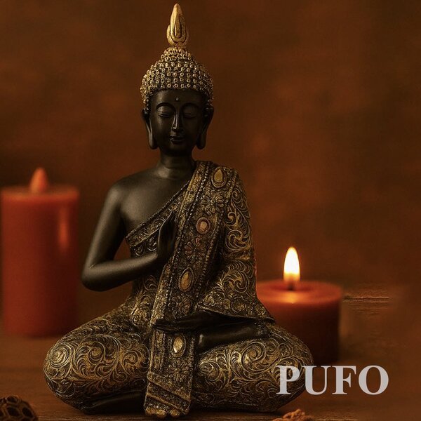 Statueta Buddha, decoratiune Feng Shui, 19 cm, negru/auriu