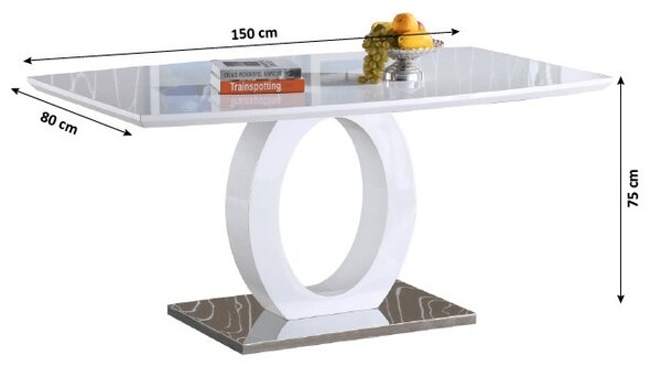 KONDELA Masă dining, alb extra lucios HG/oţel, 150x80 cm, ZARNI