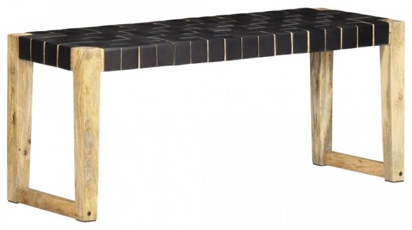 Banca, negru, 110 cm, piele naturala si lemn masiv de mango - V321838V