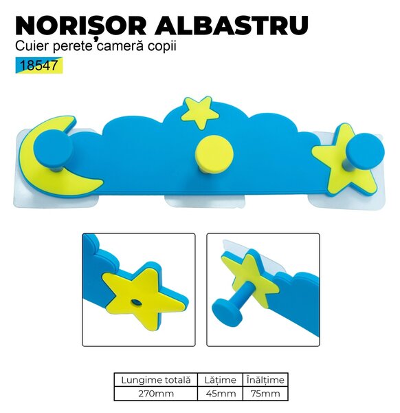 Cuier perete camera copii, Norisor albastru, 3 carlige