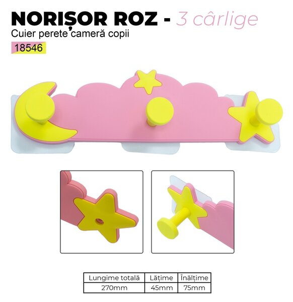 Cuier perete camera copii, Norisor roz, 3 carlige