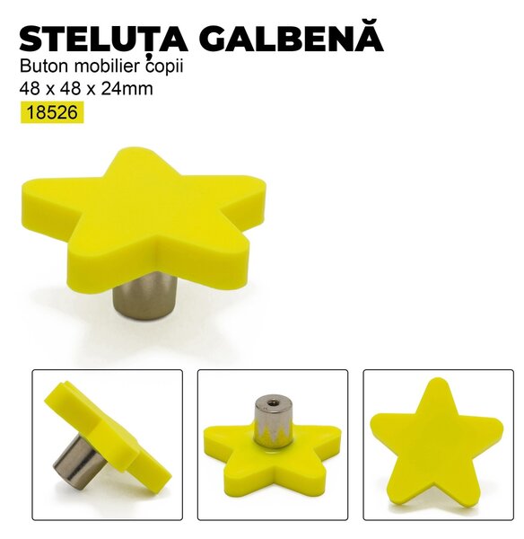 Buton mobilier copii Steluta galbena, 48x48x24 mm