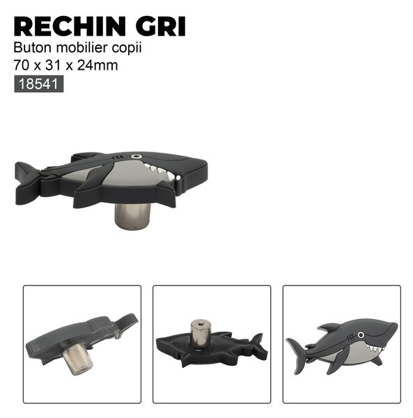 Buton mobilier copii Rechin gri, 70x31x24 mm