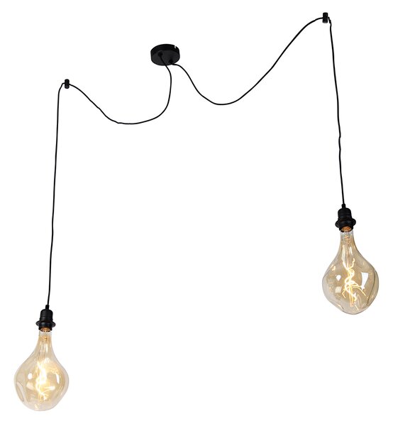 Hanglamp zwart 2-lichts incl. LED goud dimbaar - Cava Luxe