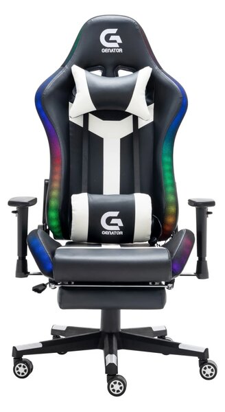 Scaun gaming, sistem iluminare bandă LED RGB, boxe bluetooth, masaj în perna lombară, sezut benzi elastice sustinere, funcție șezlong, 90-180 grade, suport picioare, SIG GS 024, Negru/Alb