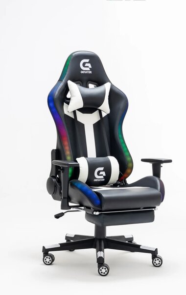 Scaun gaming, sistem iluminare bandă LED RGB, boxe bluetooth, masaj în perna lombară, sezut benzi elastice sustinere, funcție șezlong, 90-180 grade, suport picioare, SIG GS 024, Negru/Alb