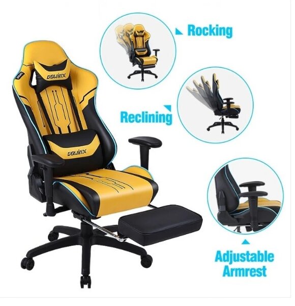 DOWINX Scaun gaming, ergonomic, pernă lombară cu masaj, spatar inalt, suport pentru picioare, piele PU matlasata, respirabila, cotiere 4D, rezistent 150 kg, Galben