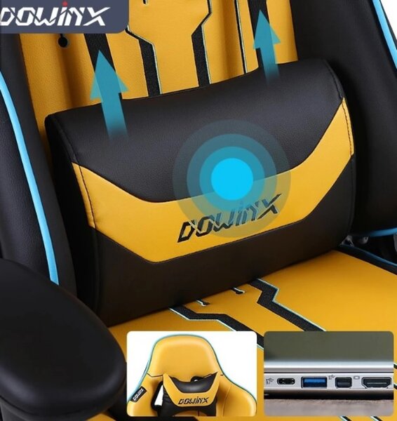 DOWINX Scaun gaming, ergonomic, pernă lombară cu masaj, spatar inalt, suport pentru picioare, piele PU matlasata, respirabila, cotiere 4D, rezistent 150 kg, Galben