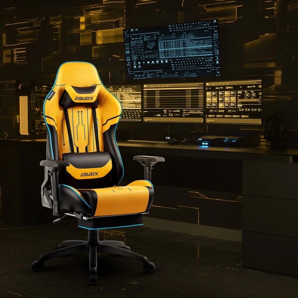 DOWINX Scaun gaming, ergonomic, pernă lombară cu masaj, spatar inalt, suport pentru picioare, piele PU matlasata, respirabila, cotiere 4D, rezistent 150 kg, Galben