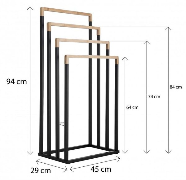 Erga Kona, suport pentru prosoape cu patru brațe 45x29x94 cm, negru-maro mat, ERG-YKA-P.KONA-4-BLK