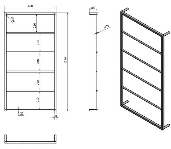 Sapho Sapho, suport pentru prosoape SKA montat pe perete 600x1150x100mm, mat negru, SKA502