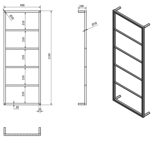Sapho Sapho, SKA Suport prosop montat pe perete, 450x1150x100mm, mat negru, SKA501